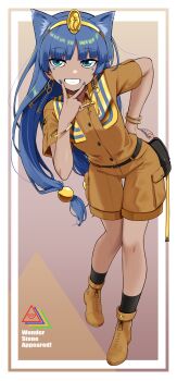 Rule 34 | 1girl, absurdres, alternate skin color, animal ear fluff, animal ears, baketsuya, belt, belt pouch, black belt, black socks, blue eyes, blue hair, blue nails, blunt bangs, boots, border, brown background, brown boots, brown egyptian cat-eared loli (trend), brown shirt, brown shorts, buttons, cat ears, collared shirt, commentary request, dark-skinned female, dark skin, darkened skin, earrings, english text, facial mark, full body, gold earrings, gold hairband, green eyes, grin, hair ornament, hairband, hand on own hip, hand up, highres, inward v, jewelry, kemonomimi mode, key earrings, long hair, looking at viewer, michigami nareko, nail polish, pocket, pouch, shirt, short sleeves, shorts, smile, socks, solo, sphere hair ornament, standing, thigh gap, touhou, triangle, triangle facial mark, usekh collar, v, v over mouth, white border