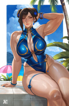 1girl alternate_costume bare_shoulders blue_nails blue_one-piece_swimsuit bracelet breasts brown_eyes brown_hair capcom chun-li cropped_legs curvy day double_bun hair_bun highleg highleg_one-piece_swimsuit highres jewelry large_breasts lips official_alternate_costume one-piece_swimsuit outdoors parted_lips poolside shiny_skin sitting smile soffa solo street_fighter street_fighter_6 swimsuit thighlet thong_one-piece_swimsuit wide_hips