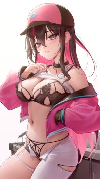 1girl absurdres asymmetrical_clothes azki_(hololive) baseball_cap black_bra black_collar black_hair black_panties bra breasts cleavage clothes_lift clothes_pull collar colored_inner_hair commentary_request cropped_jacket double-parted_bangs earclip earrings hair_between_eyes half_updo hand_in_pocket hand_up hat highres hololive jacket jewelry lace lace_bra lace_panties long_hair looking_at_viewer medium_breasts micro_panties mole mole_under_eye multicolored_hair navel open_fly paid_reward_available panties pants pants_pull pink_hair pink_hat pink_jacket pink_streaks purple_eyes shirt_lift simple_background single_pantsleg single_sidelock solo somebody_(leiking00) stomach streaked_hair string_panties tank_top thigh_strap underwear very_long_hair virtual_youtuber white_background white_pants white_streaks white_tank_top
