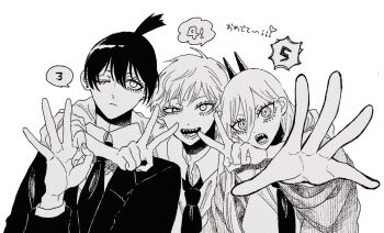 black_hair black_necktie blonde_hair chain chainsaw_man commentary_request denji_(chainsaw_man) eyelashes greyscale hayakawa_aki highres long_hair monochrome necktie odyk_eee ok_sign one_eye_closed outstretched_arm power_(chainsaw_man) short_hair simple_background topknot upper_body v white_background