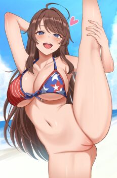 1girl :d ahoge beach bikini bikini_top_only blue_eyes blue_sky blush breasts brown_hair cleavage collarbone commentary_request commission day flexible heart highres large_breasts large_variant_set long_hair looking_at_viewer mole mole_under_mouth navel open_mouth original outdoors pixiv_commission pussy sidelocks sky smile solo split standing standing_on_one_leg standing_split surippa1010 swimsuit thighs uncensored variant_set very_long_hair