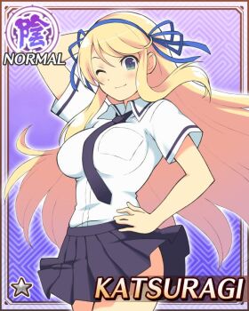 1girl arm_behind_head armor blonde_hair blue_necktie blue_ribbon blue_skirt breasts closed_mouth game_cg green_eyes hair_ribbon hand_on_own_hip hanzou_academy_school_uniform katsuragi_(senran_kagura) large_breasts long_hair necktie non-web_source official_alternate_costume official_art one_eye_closed ribbon school_uniform senran_kagura senran_kagura_new_wave shirt skirt smile solo white_shirt yaegashi_nan