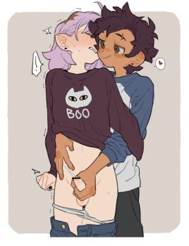 1futa 1girl amity_blight bar_censor black_nails blush brown_hair censored clothes_pull cum dayama ejaculation eyebrow_cut futa_with_female futanari handjob heart highres luz_noceda male_masturbation masturbation panties pants pants_pull panty_pull penis pointy_ears purple_hair reach-around scar small_penis spoken_heart sweat testicles the_owl_house trembling underwear yuri