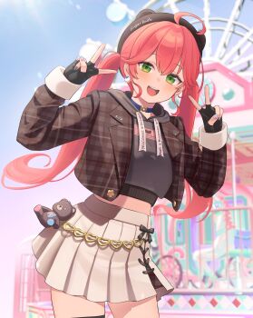 1girl absurdres ahoge beret black_gloves brown_jacket commentary_request double_v fingerless_gloves gloves green_eyes hanazawa_ma hands_up hat highres hololive jacket long_hair looking_at_viewer low_twintails open_clothes open_jacket open_mouth outdoors pink_hair sakura_miko skirt smile standing teeth twintails upper_teeth_only v virtual_youtuber white_skirt