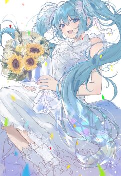1girl aqua_eyes aqua_hair bouquet braid breasts collarbone commentary_request dress flower gloves hair_between_eyes hair_ornament hatsune_miku heremia high_heels highres jewelry long_hair looking_at_viewer medium_breasts open_mouth simple_background sitting smile solo sunflower twintails very_long_hair vocaloid white_background white_dress white_gloves