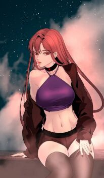 1girl black_jacket black_socks choker closed_mouth female_focus hero_killer highres jacket long_hair looking_at_viewer lyca_(hero_killer) navel official_art open_clothes open_jacket purple_shirt purple_top red_eyes red_hair serious shirt sitting smoke socks thighhighs thighs very_long_hair