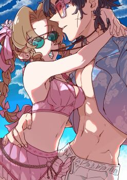 Rule 34 | 1boy, 1girl, abs, aerith gainsborough, aerith gainsborough (pink mermaid), bikini, bikini skirt, braid, braided ponytail, costa del sol, final fantasy, final fantasy vii, final fantasy vii: ever crisis, final fantasy vii rebirth, final fantasy vii remake, hawaiian shirt, highres, hug, male swimwear, mouth hold, navel, necklace in mouth, official alternate costume, open clothes, open shirt, oshibainoticket, pink bikini, scar, scar on face, shirt, stomach, sunglasses, swim trunks, swimsuit, zack fair, zack fair (surfer look)