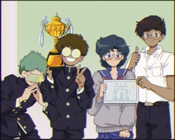 1girl 3boys belt bishoujo_senshi_sailor_moon bishoujo_senshi_sailor_moon_(first_season) bishoujo_senshi_sailor_moon_supers black_pants blue_eyes blue_hair blue_skirt brown_eyes brown_hair character_request diploma glasses green_hair highres holding holding_diploma juuban_middle_school_uniform mercuri0ff mizuno_ami multiple_boys opaque_glasses pants school_uniform serafuku shirt skirt tagme trophy white_shirt