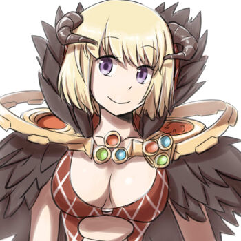 Rule 34 | 1girl, argyle bra, argyle clothes, blonde hair, bra, breasts, brown horns, cleavage, closed mouth, commentary request, fur collar, horns, looking at viewer, medium breasts, natsuya (kuttuki), purple eyes, ragnarok online, red bra, short hair, simple background, smile, solo, sorcerer (ragnarok online), underwear, upper body, white background