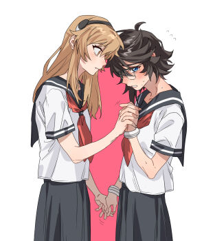 2girls ahoge black_hair blonde_hair blue_eyes blush bracelet chinese_commentary commentary couple embarrassed flying_sweatdrops glasses hairband height_difference highres holding_hands interlocked_fingers jewelry jiguang_haibao koishikawa_iko looking_at_another looking_down momijiyama_teru multiple_girls school_uniform serafuku shy_(series) simple_background skirt sweat white_background yellow_eyes yuri