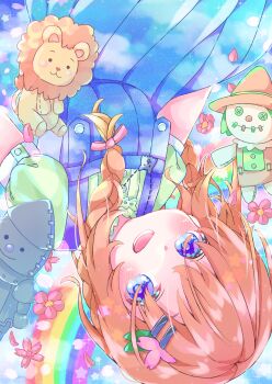 Rule 34 | 1girl, :d, absurdres, blue eyes, blush, braid, commentary request, dress, flower, foot out of frame, gochuumon wa usagi desu ka?, hair flower, hair ornament, hairclip, head tilt, highres, hoto cocoa, looking at viewer, lower teeth only, open mouth, orange hair, petals, pleated dress, puffy short sleeves, puffy sleeves, rainbow, shirt, short sleeves, skirt, smile, solo, stuffed animal, stuffed toy, suspender skirt, suspenders, teeth, twin braids, upside-down, urufas