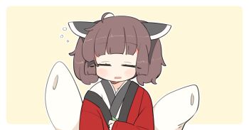 Rule 34 | 1girl, ahoge, blunt bangs, blush, border, brown hair, closed eyes, haori, headgear, ini (inunabe00), japanese clothes, kimono, kiritanpo (food), long sleeves, open mouth, outline, outside border, short hair, simple background, sleeping, solo, squeans, touhoku kiritan, twintails, upper body, voiceroid, white border, white kimono, white outline, yellow background