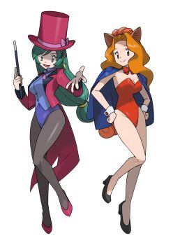 2girls :d animal_ears black_pantyhose blue_cape blue_leotard bow bowtie breasts cape cleavage closed_mouth commission cosplay covered_navel francesca_(pokemon) full_body gen_1_pokemon green_hair hat hat_bow highres himurohiromu holding holding_wand jacket leotard long_hair long_sleeves looking_at_viewer low-tied_long_hair magician melvin&#039;s_assistant_(pokemon) multiple_girls nintendo open_clothes open_jacket open_mouth orange_eyes orange_hair pantyhose pink_bow pokemon pokemon_(anime) pokemon_(classic_anime) pokemon_dp070 pokemon_dppt_(anime) pokemon_ep043 purple_eyes red_bow red_bowtie red_hat red_jacket red_leotard skeb_commission smile top_hat vulpix vulpix_(cosplay) wand white_background wrist_cuffs