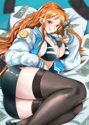 Rule 34 | 1girl, absurdres, alternate costume, bed sheet, bikini, bikini top only, black bikini, black skirt, black thighhighs, blue nails, blush, breasts, cleavage, commentary request, commission, falling money, feet out of frame, food, fruit, highres, holding, holding money, jacket, large breasts, long hair, long sleeves, looking at viewer, lying, mandarin orange, mandarin orange slice, miniskirt, money, nail polish, nami (one piece), on side, one piece, open clothes, open jacket, orange eyes, orange hair, pencil skirt, pillow, skeb commission, skirt, solo, swimsuit, thighhighs, thighs, tongue, tongue out, wavy hair, yamada otonari, zettai ryouiki