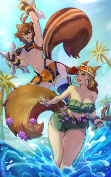 Rule 34 | 2girls, alex dos diaz, animal ears, bikini, bikini shorts, blazblue, bracelet, breasts, brown hair, cleavage, crossover, earrings, female focus, frilled bikini, frills, highres, hoop earrings, jewelry, large breasts, large tail, makoto nanaya, marvel, marvel rivals, multiple girls, navel, official alternate costume, official alternate hairstyle, shorts, slingshot (weapon), squirrel ears, squirrel girl, squirrel girl (marvel), squirrel girl (sunshine squirrel) (marvel), squirrel tail, swimsuit, tail, tonfa, trait connection, underboob, visor cap, weapon
