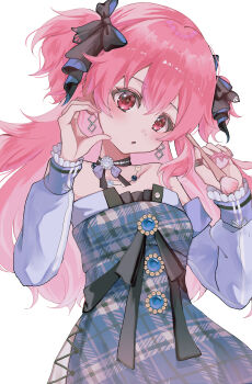 Rule 34 | 1girl, absurdres, bare shoulders, black ribbon, choker, clothing cutout, collarbone, commentary request, cowboy shot, cross-laced clothes, cross-laced cutout, detached sleeves, dot nose, dress, earrings, fingernails, frilled sleeves, frills, hair between eyes, hair spread out, hands up, head tilt, highres, holding, holding brush, holding makeup brush, jewelry, long hair, long sleeves, looking at viewer, makeup brush, momoi airi, necklace, neu 33, off-shoulder dress, off shoulder, parted lips, pearl necklace, pink hair, pink nails, plaid clothes, plaid dress, project sekai, red eyes, ribbon, ribbon choker, side slit, sidelocks, simple background, solo, two side up, white background