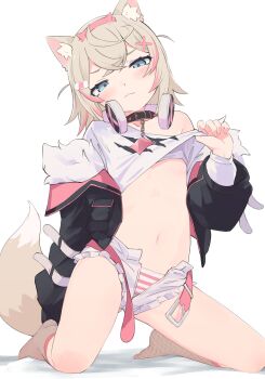 1girl absurdres animal_ear_fluff animal_ears asymmetrical_legwear bandaid bandaid_hair_ornament belt black_jacket blonde_hair blue_eyes blush closed_mouth clothes_lift collarbone commentary cropped_shirt crossed_bangs dog_ears dog_girl dog_tail english_commentary fake_horns hair_ornament hairband headband highres hololive hololive_english horn_hairband jacket kneeling lifting_own_clothes looking_at_viewer mismatched_legwear mococo_abyssgard mococo_abyssgard_(1st_costume) multicolored_hair navel off_shoulder open_belt open_clothes open_jacket paid_reward_available panties pink_belt pink_hair pink_headband recklessdraw shirt shirt_lift short_shorts shorts simple_background solo streaked_hair striped_clothes striped_panties tail underwear unzipped virtual_youtuber white_background white_shirt white_shorts x_hair_ornament