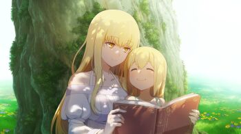 2girls against_tree aged_down aiz_wallenstein anime_coloring aria_(danmachi) blonde_hair book breasts closed_eyes closed_mouth danmachi_battle_chronicle dress dungeon_ni_deai_wo_motomeru_no_wa_machigatteiru_darou_ka family_bonding flower game_cg highres holding holding_book long_hair long_sidelocks looking_at_another medium_breasts mother_and_daughter multiple_girls non-web_source off-shoulder_dress off_shoulder official_art open_book orange_flower puffy_short_sleeves puffy_sleeves purple_flower reading reading_together short_sleeves sidelocks smile tree white_dress yellow_eyes yellow_flower
