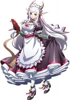 1girl alternate_costume animal_ears apron bell black_dress black_gloves black_shoes boots breasts cleavage cleavage_cutout clipboard clothes_grab clothing_cutout dragon_ears dragon_girl dragon_horns dress dress_grab enmaided fins floating_hair footwear_bell frilled_apron frilled_sleeves frills full_body game_cg gloves hair_bell hair_ornament head_fins high_heel_boots high_heels holding holding_clipboard holding_pen horns langrisser langrisser_mobile langrisser_re:incarnation large_breasts layered_dress list long_hair long_sidelocks looking_at_viewer maid maid_apron maid_headdress multicolored_shoes official_alternate_costume official_art paper parted_lips pen puffy_sleeves red_eyes red_ribbon red_sash red_trim renata_(langrisser) ribbon sash scales shoes short_sleeves sidelocks simple_background slit_pupils smile solo standing tachi-e third-party_source transparent_background very_long_hair waist_sash white_apron white_hair white_shoes