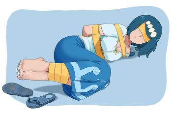 1girl absurdres barefoot bdsm blindfold bondage bound covered_eyes feet freckles highres lana&#039;s_mother_(pokemon) lost_one_zero lying mature_female nail_polish nintendo pokemon pokemon_(anime) pokemon_sm_(anime) sandals toenail_polish toenails toes unworn_sandals