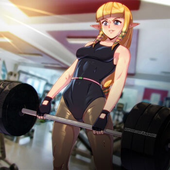 1girl blonde_hair breasts exercising gym kagato007 leggings leotard medium_breasts nintendo pointy_ears princess_zelda solo the_legend_of_zelda the_legend_of_zelda:_skyward_sword weightlifting weights