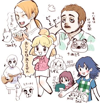 Rule 34 | animal crossing, animal crossing: new horizons, bags under eyes, blue hair, blush, character request, english text, guitar, highres, humanization, instrument, isabelle (animal crossing), k.k. slider (animal crossing), mabel able (animal crossing), maple (animal crossing), music, nintendo, redd (animal crossing), sable able (animal crossing), singing, spot color, tom nook (animal crossing), translation request, upper body, yuki touko
