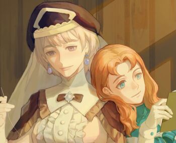 2girls annette_fantine_dominic annette_fantine_dominic_(timeskip) blonde_hair blue_eyes book breasts closed_mouth commentary_request cropped earrings fire_emblem fire_emblem:_three_houses hat head_on_another's_shoulder holding holding_book indoors jewelry knitting knitting_needle long_sleeves medium_breasts mercedes_von_martritz mercedes_von_martritz_(timeskip) multiple_girls needle nintendo orange_hair short_hair smile sxi7