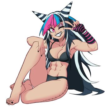 1girl bare_shoulders bikini black_bikini black_hair black_nails blue_streaks breasts collarbone danganronpa_(series) danganronpa_2:_goodbye_despair ear_piercing face_piercing hair_horns highres large_breasts long_hair looking_at_viewer mioda_ibuki mouth_piercing multicolored_hair nail_polish navel one_eye_closed parta_228 piercing pink_eyes pink_hair pink_streaks sailor_collar simple_background smile solo streaked_hair swimsuit toenail_polish toenails v white_background white_hair white_streaks