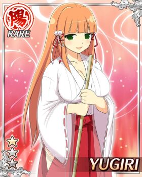 1girl :d border breasts broom card_(medium) chihaya_(clothing) cleavage english_text game_cg green_eyes hair_ornament hakama hakama_skirt hime_cut japanese_clothes kimono large_breasts looking_at_viewer miko non-web_source official_alternate_costume official_art open_mouth orange_hair red_hakama ribbon_trim senran_kagura senran_kagura_new_wave skirt smile solo white_kimono wide_sleeves x_hair_ornament yugiri_(senran_kagura)
