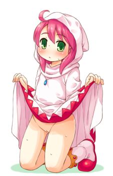 1girl ahoge blush boots cleft_of_venus female_focus final_fantasy final_fantasy_fables full_body hood hooded jewelry loli looking_at_viewer mizuno_mumomo necklace no_panties pink_hair pussy robe robe_lift shirma simple_background solo sweat white_background white_mage_(final_fantasy)