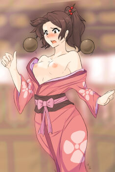 1girl archived_source bare_shoulders blush bomb breasts brown_eyes brown_hair collarbone curvy embarrassed explosive female_focus fuu_(samurai_champloo) hair_ornament highres japanese_clothes kimono looking_down medium_hair nipples no_bra open_clothes open_kimono open_mouth ponytail ribbon running samurai_champloo small_breasts solo sweatdrop tridisart wardrobe_malfunction