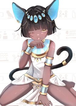 1boy :3 ;p ancient_egyptian_clothes animal_ear_piercing animal_ears armlet bare_legs bare_shoulders barefoot bishounen black_hair black_tail blue_gem blunt_bangs blunt_ends bracelet brown_egyptian_cat-eared_loli_(trend) cat_boy cat_ears cat_tail colored_inner_animal_ears commentary dark-skinned_male dark_skin gem hair_intakes hair_ornament hand_on_floor hand_up hieroglyphics highres jewelry looking_at_viewer male_focus one_eye_closed original pale_migi pelvic_curtain shendyt short_hair sideless_outfit sitting solo straight-on tail tail_ornament tail_ring tongue tongue_out usekh_collar very_short_hair wariza watermark white_background yellow_eyes