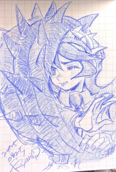Rule 34 | 1girl, 2025, blocking, blush, dated, filia (skullgirls), frown, graph paper, grimace, highres, lips, long hair, necktie, one eye closed, prehensile hair, ryantoruhuhu, samson (skullgirls), skullgirls, solo, tentacle hair, traditional media