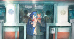 Rule 34 | 2girls, absurdres, alternate costume, bag, blue hair, blue jacket, blush, book, bow, bowtie, cardigan, closed eyes, closed mouth, faruzan (genshin impact), from outside, genshin impact, green hair, grey cardigan, grey skirt, head on another&#039;s shoulder, highres, holding, holding another&#039;s arm, holding book, hood, hooded jacket, jacket, layla (genshin impact), long bangs, long hair, looking at another, multiple girls, open book, people, pleated skirt, red bow, red bowtie, rubik&#039;s cube, shirt, shoulder bag, sidelocks, skirt, sleeping, sleeping upright, suke omi, train, upper body, white shirt