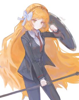 1girl arm_shield belt black_belt black_jacket black_pants black_vest bow brown_hairband hair_bow hairband hashtag-only_commentary highres holding holding_weapon ishmael_(project_moon) jacket lapels limbus_company long_hair looking_at_viewer notched_lapels orange_hair pants project_moon rope sidelocks simple_background solo very_long_hair vest weapon white_background white_bow yeppokki090