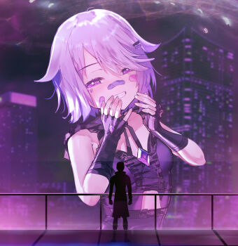 1boy 1girl absurdres advarcher bandaid bandaid_on_face bandaid_on_nose black_jacket black_skirt blade_runner_(series) blade_runner_2049 chest_jewel commentary english_commentary gem goslingposting_(meme) grey_hair highres hololive hololive_english jacket jewel_under_eye koseki_bijou koseki_bijou_(casual) lapwing_(vrchat) looking_at_viewer meme official_alternate_costume official_alternate_hairstyle purple_eyes purple_gem ryan_gosling short_hair skirt virtual_youtuber vrchat