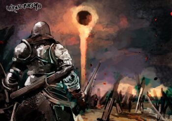 Rule 34 | 1other, ambiguous gender, armor, arrow (projectile), ashen one (dark souls), breastplate, commentary request, dark souls (series), dark souls iii, darksign (dark souls), eclipse, embers, from behind, gauntlets, grey sky, helm, helmet, holding, holding sword, holding weapon, outdoors, planted, planted sword, planted weapon, quiver, sky, solar eclipse, solo, sword, umeyama (toma23), upper body, weapon