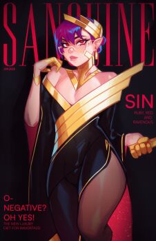 1boy 2025 absurdres bare_shoulders black_dress bracelet cover crossdressing crossdressing_(mtf) detached_collar dress earrings english_text expressionless eyeshadow fake_magazine_cover feet_out_of_frame folded_fan folding_fan full_body glasses gold gold_bracelet gold_earrings gold_gloves gold_trim hand_fan highres holding holding_fan jewelry long_eyelashes long_sleeves looking_at_viewer magazine_cover makeup male_focus original pantyhose parted_lips pectoral_cleavage pectorals pointy_ears purple_hair qtori red_dress red_eyes semi-rimless_eyewear short_hair side_slit solo trap two-sided_dress two-sided_fabric vampire wide_sleeves yellow-framed_eyewear yonu_(qtori)