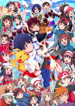 6+boys 6+girls ^_^ absurdres backwards_hat baneo_golden baseball_cap beanie bike_shorts black_hair blonde_hair blue_eyes blue_jacket blue_oak braid breasts brendan_(pokemon) brown_eyes brown_hair calem_(pokemon) closed_eyes closed_mouth dawn_(pokemon) double_bun eevee ethan_(pokemon) eyelashes eyewear_on_headwear florian_(pokemon) game_boy game_boy_(original) game_boy_advance game_boy_color gen_1_pokemon gloria_(pokemon) gotcha! gotcha!_boy_(pokemon) gotcha!_girl_(pokemon) grey_eyes grey_hat grey_skirt hair_bun handheld_game_console happy_anniversary hat highres hilbert_(pokemon) hilda_(pokemon) holding jacket jitome juliana_(pokemon) leaf_(pokemon) long_hair long_sleeves lucas_(pokemon) lyra_(pokemon) may_(pokemon) multi-tied_hair multiple_boys multiple_girls nate_(pokemon) necktie nintendo nintendo_3ds nintendo_ds nintendo_switch on_shoulder open_mouth pants pikachu pleated_skirt pokemon pokemon_(creature) pokemon_bw pokemon_bw2 pokemon_dppt pokemon_frlg pokemon_gsc pokemon_hgss pokemon_on_shoulder pokemon_oras pokemon_rgby pokemon_rse pokemon_sm pokemon_sv pokemon_swsh pokemon_usum pokemon_xy red_(pokemon) red_hat red_jacket red_shirt rosa_(pokemon) school_uniform selene_(pokemon) serena_(pokemon) shirt short_hair short_sleeves skirt sleeveless sleeveless_shirt smile spiked_hair sunglasses twintails victor_(pokemon) visor_cap white_hat wristband zipper