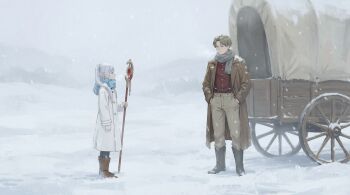1boy 1girl boots brown_coat brown_hair coat commentary covered_wagon cowboy_boots english_commentary frieren hands_in_pockets highres holding holding_staff josiah_wingroad muchdoge non-web_source original parted_hair red_shirt scarf shirt snow snowing staff wagon