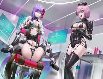 3girls :3 bb_(fate) bdsm bikini black_bikini black_boots blue_eyes bondage boots bound breasts brown_hair dildo drooling ear_insertion elbow_gloves fate/grand_order fate_(series) fingering fingering_through_clothes gloves glowing glowing_eyes grazeru hair_ornament high_heels holographic_interface latex legs_apart long_hair mash_kyrielight mind_control multiple_girls pasties pointy_ears purple_eyes purple_hair restrained revealing_clothes semiramis_(fate) sex_toy shiny_clothes skin_tight skindentation smile swimsuit teeth thigh_boots thighhighs through_clothes tongue tongue_out very_long_hair yuri