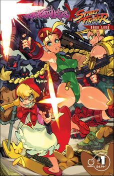 1boy 2girls alex_ahad b.b._hood beret blonde_hair breasts bullet cammy_white capcom charlie_nash cloak comic_cover commentary company_connection copyright_name crossover darkstalkers dress evil_smile facial_scar firing firing_at_viewer glasses green_leotard gun harry_(darkstalkers) hat highleg highleg_leotard highres hood hooded_cloak leotard machine_gun monster motor_vehicle multiple_girls official_art on_scooter red_cloak roller_skates scar scar_on_cheek scar_on_face scooter sharp_teeth shell_casing skates smile street_fighter submachine_gun teeth udon_entertainment uzi weapon