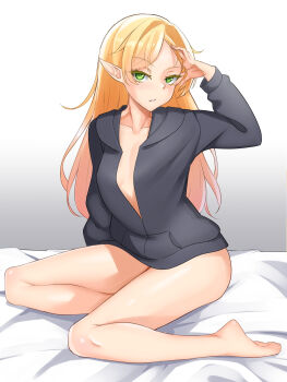 Rule 34 | 1girl, adjusting hair, bare legs, barefoot, bed sheet, black hoodie, blonde hair, breasts, collarbone, colored eyelashes, commentary, elf, eyelashes, full body, green eyes, hand up, highres, hood, hood down, hoodie, isekai ojisan, legs, long hair, long sleeves, looking at viewer, naked hoodie, nose, open clothes, open hoodie, parted bangs, parted lips, pointy ears, sanso (oxygen), sitting, small breasts, solo, sui (isekai ojisan), thighs, toes, tsurime, v-shaped eyebrows, yokozuwari