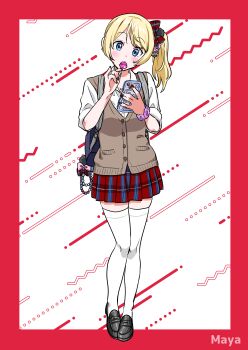 absurdres bag black_shoes blonde_hair blue_eyes candy cellphone character_name commission commissioner_upload earrings food highres holding holding_candy holding_food holding_lollipop jewelry loafers lollipop looking_at_phone maya_(ricky_barnes) multiple_earrings nail_polish original phone plaid_clothes plaid_ribbon plaid_skirt pleated_skirt ribbon sato_(99yen_kin&#039;itsu) school_bag school_uniform scrunchie shirt shoes side_ponytail skeb_commission skirt sleeves_rolled_up smartphone smartphone_case sweater_vest thighhighs white_shirt white_thighhighs