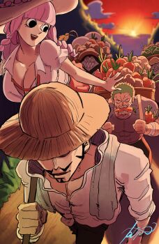 1girl animal bandages bandaid bandaid_on_face black_eyes black_hair blunt_bangs braid breasts carrot cleavage cloud commentary_request dracule_mihawk facial_hair food food_in_mouth from_above green_hair hat high_heels highres long_hair monkey mustache one_piece open_mouth perona red_lips roronoa_zoro sharp_teeth shirt short_hair signature smile straw_hat sunset t-shirt taoru_(taoru0239) teeth vegetable white_shirt