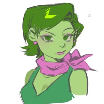 1girl bandana bare_shoulders breasts closed_mouth commentary disgust_(inside_out) dress earrings english_commentary eyelashes eyeshadow green_dress green_eyes green_hair inside_out jewelry kugai697139 looking_at_viewer makeup medium_breasts pink_bandana pink_lips red_eyeshadow short_hair simple_background sleeveless sleeveless_dress solo upper_body white_background