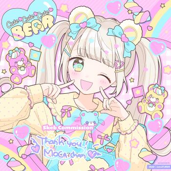 Rule 34 | 1girl, animal ears, bear ears, blonde hair, blush, bow, bowtie, candy, colorful, commentary request, commission, english text, fairy kei, fake animal ears, flag, food, green eyes, hair ornament, hairclip, highres, long hair, long sleeves, looking at viewer, manamoko (fancy surprise!), one eye closed, original, pastel colors, polka dot, polka dot shirt, rainbow, shirt, skeb commission, stuffed animal, stuffed toy, teddy bear, twintails, upper body, yellow shirt, yume kawaii
