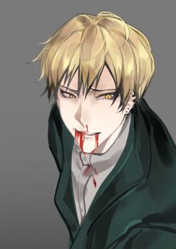 1boy black_hair blonde_hair blood blood_drip blood_from_mouth colored_tips grey_background highres jujutsu_kaisen male_focus multicolored_hair nosebleed short_hair simple_background solo streaked_hair two-tone_hair upper_body xingkon818 yellow_eyes zen&#039;in_naoya