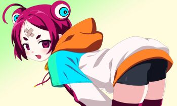 1girl 2000s_(style) absurdres alien bandaid bandaid_on_face bandaid_on_forehead bent_over bk_(barakoodra) black_shorts blush double_bun faux_retro_artstyle hair_bun highres hood hoodie open_mouth original pink_eyes pink_hair short_shorts shorts smile solo thighhighs