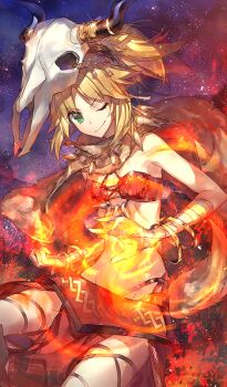 1girl animal_skull bangle bare_shoulders blonde_hair bracelet breasts cape chocoan commentary cowboy_shot fate/grand_order fate_(series) fire fur_cape gold_bracelet green_eyes groin high_ponytail hoshi_no_sanzang-chan_tenjiku_ni_iku jewelry looking_at_viewer medium_hair midriff mordred_(fate) mordred_(true_samadhi_fire)_(fate) official_art one_eye_closed pelvic_curtain ponytail purple_background pyrokinesis red_skirt red_theme red_tube_top sidelocks skirt skull_on_head small_breasts smile strapless third-party_source tube_top v-shaped_eyebrows